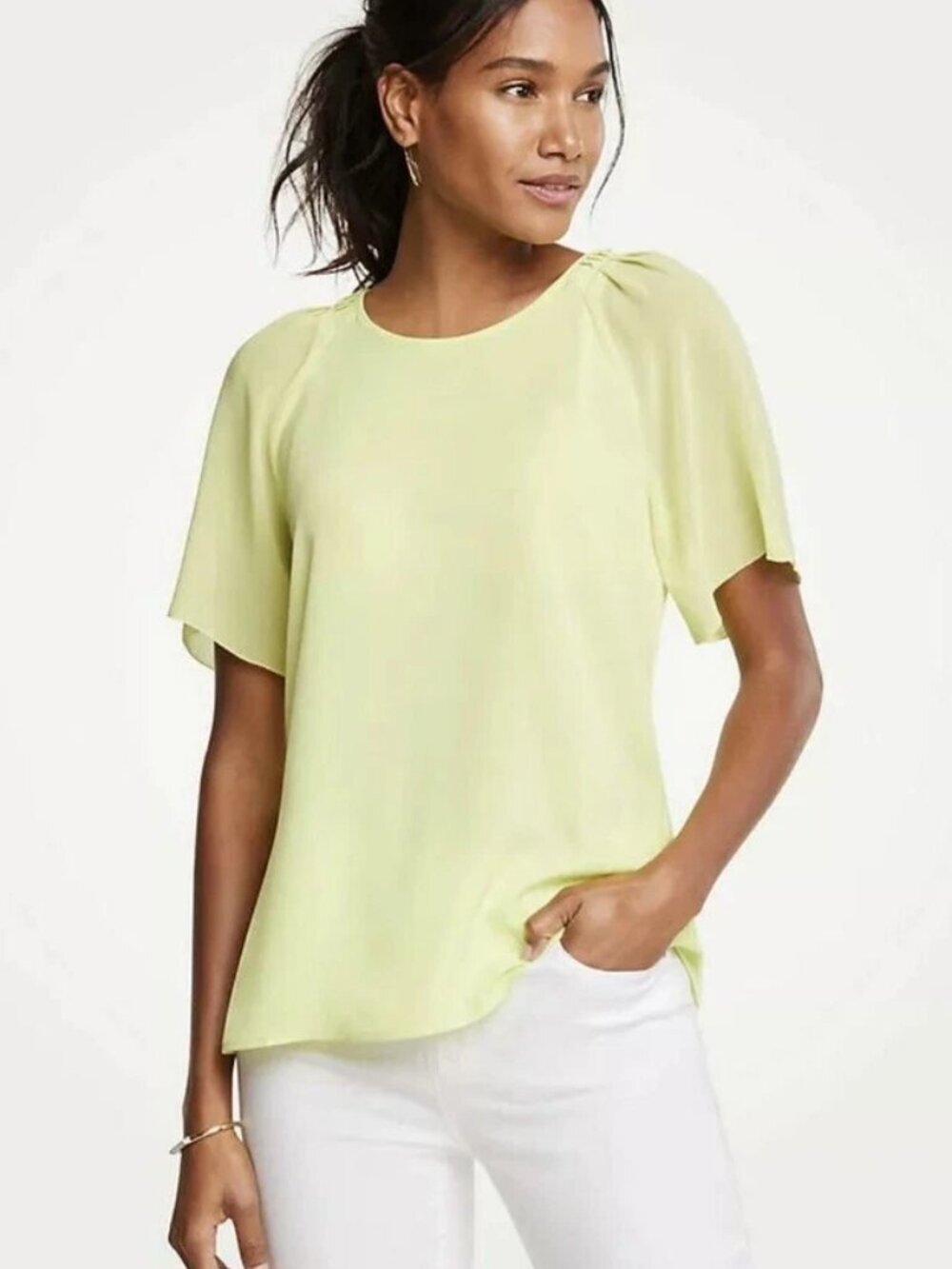 Ann Taylor Citron Pleated Sleeve Top, size LP